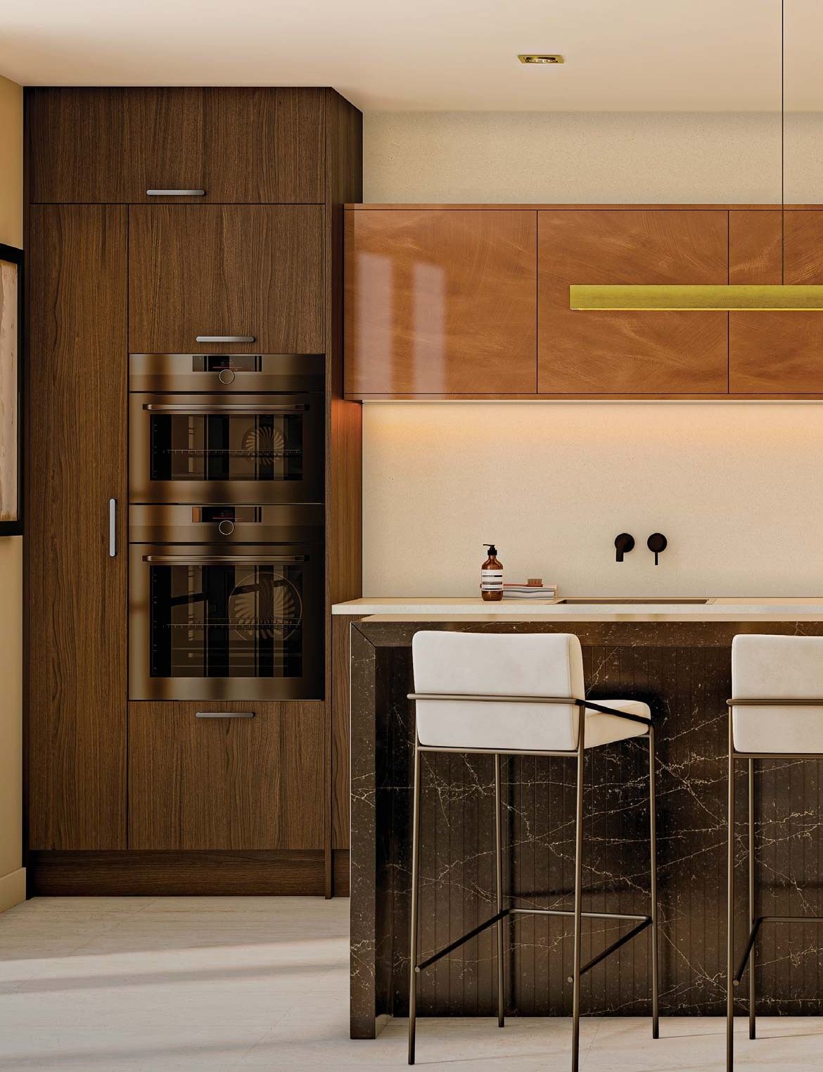 Unity kitchen in Tobacco Oak Linear with Luxe Bronze Metallic