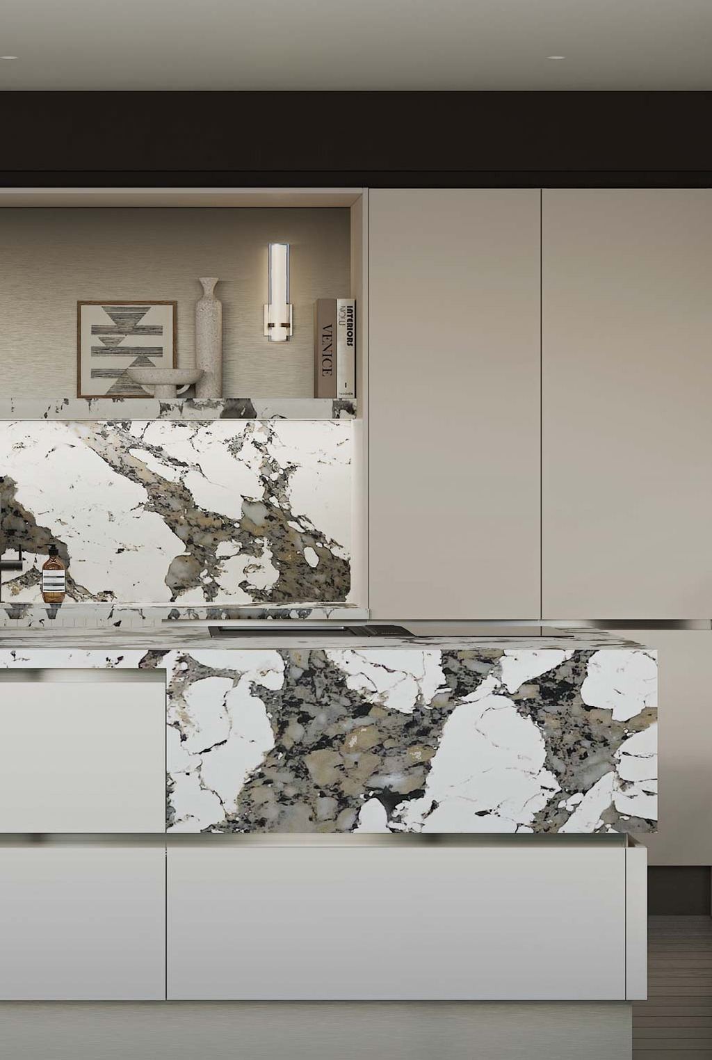 Porter kitchen in Matt Taupe Grey with a Unity Brushed Champagne feature